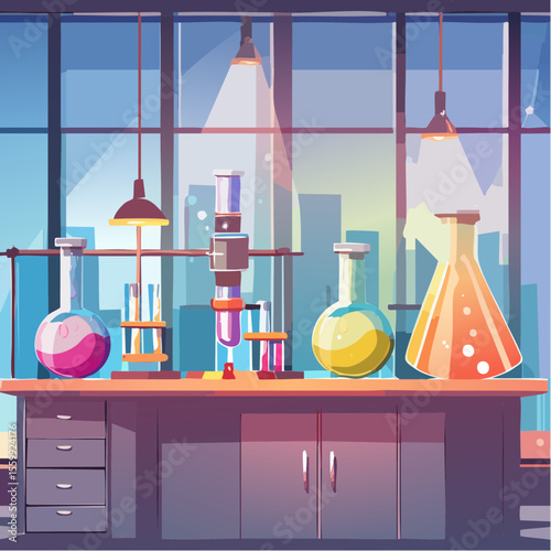 vector illustration of a chemistry lab with glowing liquids, flasks, and safety equipment