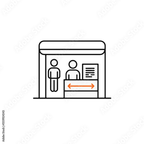 A graphic representation of a service counter where people maintains distance to one another.