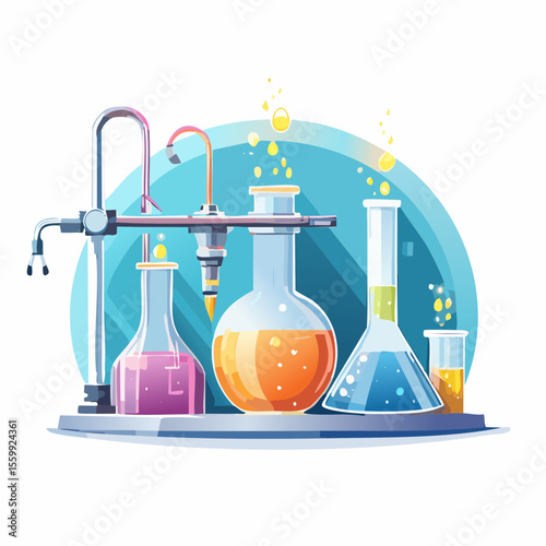 vector illustration of a chemistry lab with glowing liquids, flasks, and safety equipment