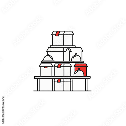 A collection of food containers stacked neatly on shelves, perfect for showcasing delivery and takeout.
