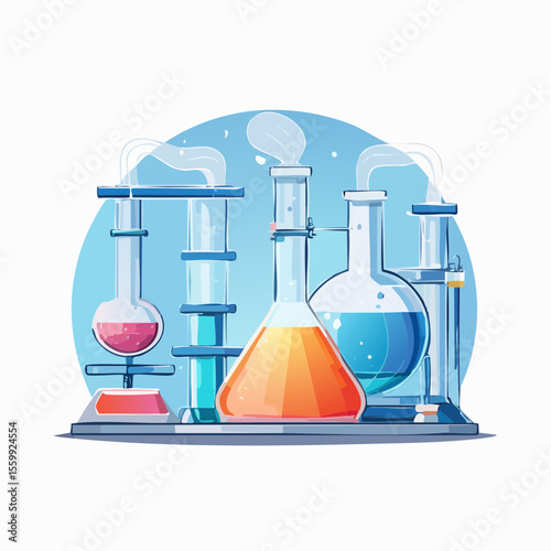 vector illustration of a chemistry lab with glowing liquids, flasks, and safety equipment