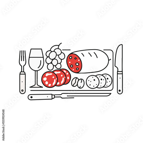 A delicious assortment of food and drink arranged on a cutting board.