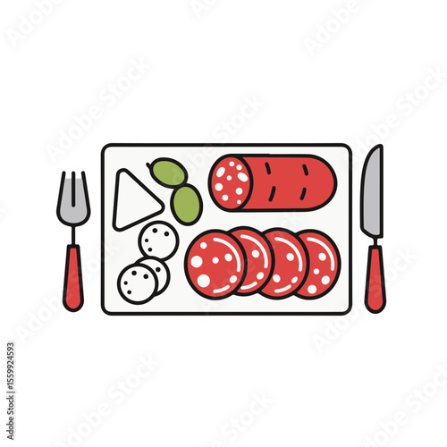A delicious food board with salami, olives, cheese, and knife and fork for a meal. 