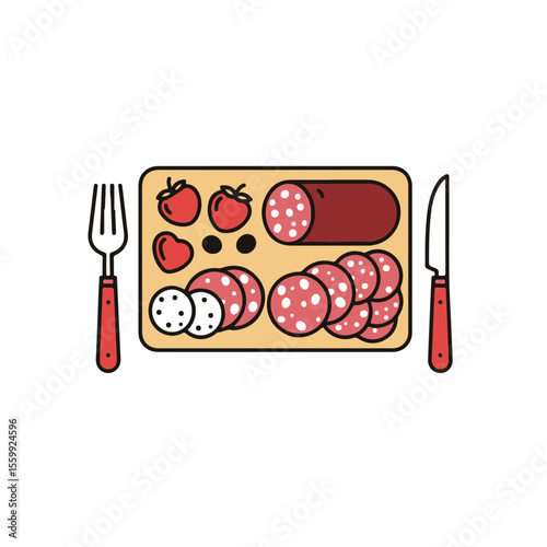 A culinary arrangement featuring a wooden board filled with salami, tomatoes, and olives, paired with a fork and knife.