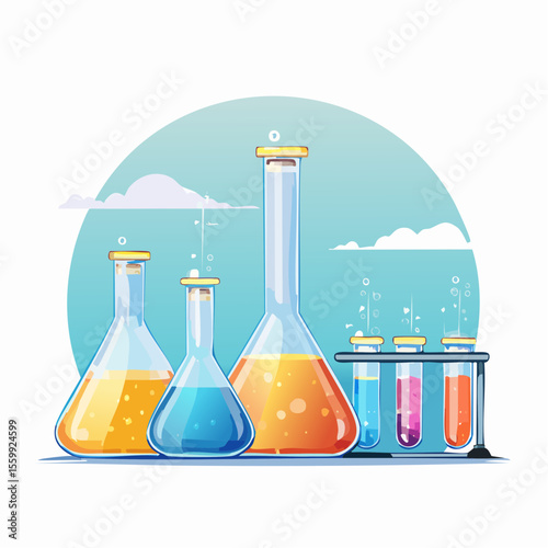 vector illustration of a chemistry lab with glowing liquids, flasks, and safety equipment