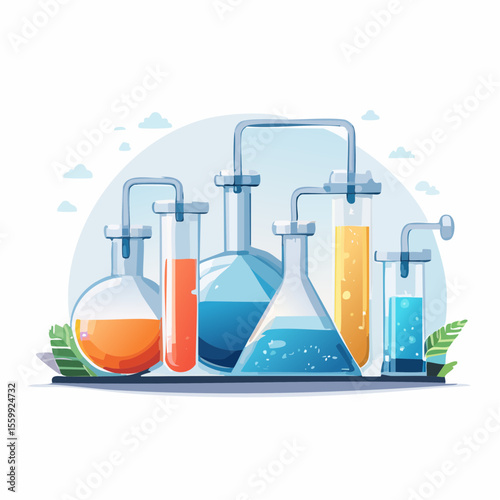 vector illustration of a chemistry lab with glowing liquids, flasks, and safety equipment