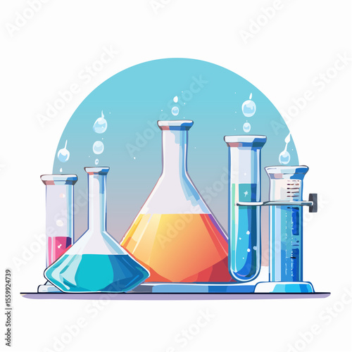 vector illustration of a chemistry lab with glowing liquids, flasks, and safety equipment