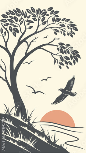 Mountain River and Flying Bird in Pastel Tones