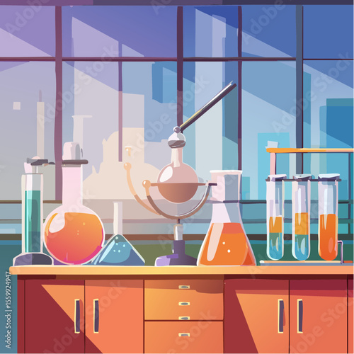 vector illustration of a chemistry lab with glowing liquids, flasks, and safety equipment