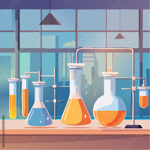 vector illustration of a chemistry lab with glowing liquids, flasks, and safety equipment