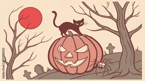 Vibrant autumn halloween background illustration with cartoon pumpkins, fall leaves, and decorative lanterns for a festive October harvest season