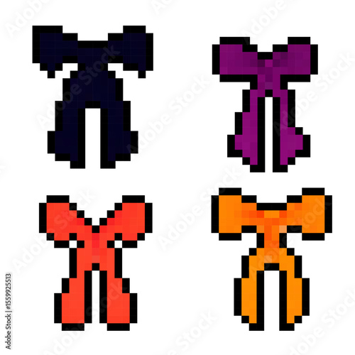 Colorful pixelated bows in various shades arranged in a grid format showcasing creative design elements for digital art or fashion themes