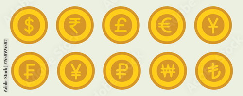 Flat vector set of international currency coins in gold, forex money symbols collection