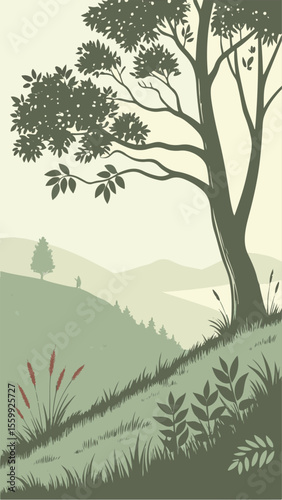 Mountain View with Lone Tree and Faded Background