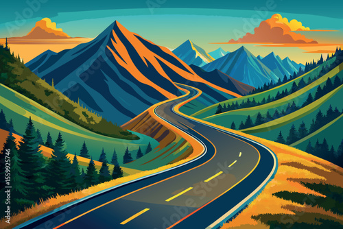 Vector art of a winding road cuts through a lush green valley surrounded by majestic mountains under a colorful sky