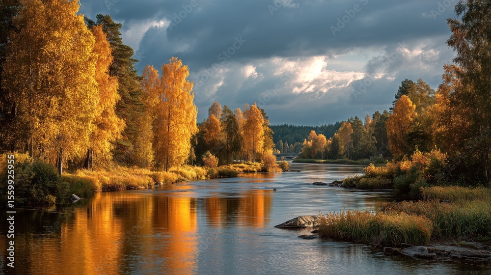 Obraz premium Vibrant foliage reflecting in a serene river under a dramatic cloudy sky during the peak of autumn