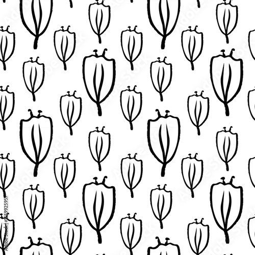 Simple black and white floral vector pattern featuring abstract flowers on a white background