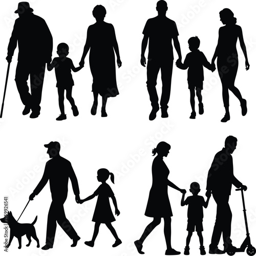Vector art of silhouettes of multigenerational families walking, including grandparents, a dog, and a scooter, isolated on white background
