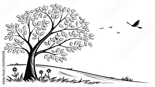 Vector Illustration of Tree in the Wind on Sloped Hill