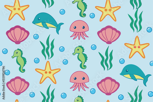 Ocean Underwater Sealife Pattern Marine Fish, Coral, and Shells