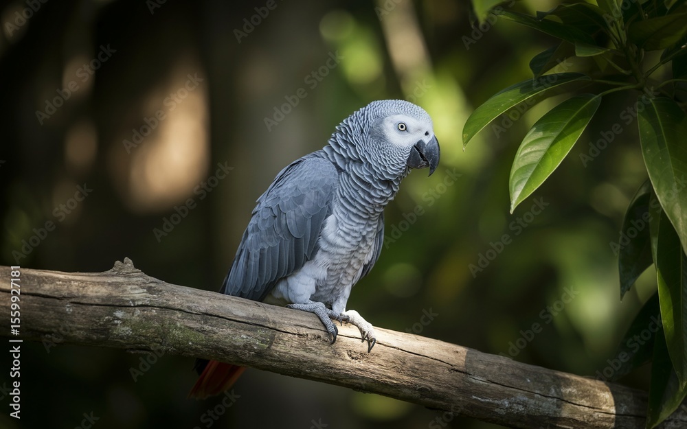 Obraz premium African Grey Parrot Perched on Branch with Lush Green Foliage Backdrop
