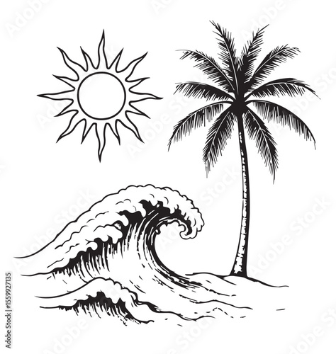 Ocean Bliss Silhouette: A detailed black and white illustration showcasing a serene coastal landscape with a radiant sun, a towering palm tree, and a dynamic ocean wave.