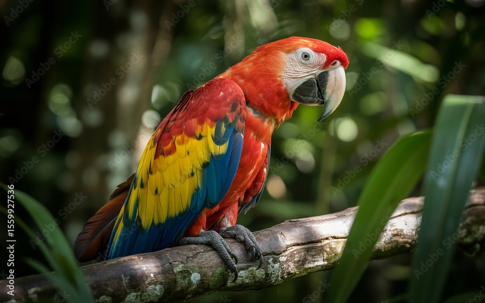 Obraz premium Scarlet Macaw Perched on Branch, Vivid Plumage and Intense Gaze in Tropical Setting