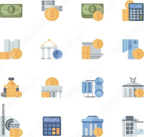 Collection of financial icons including money, buildings, and calculators in a grid pattern