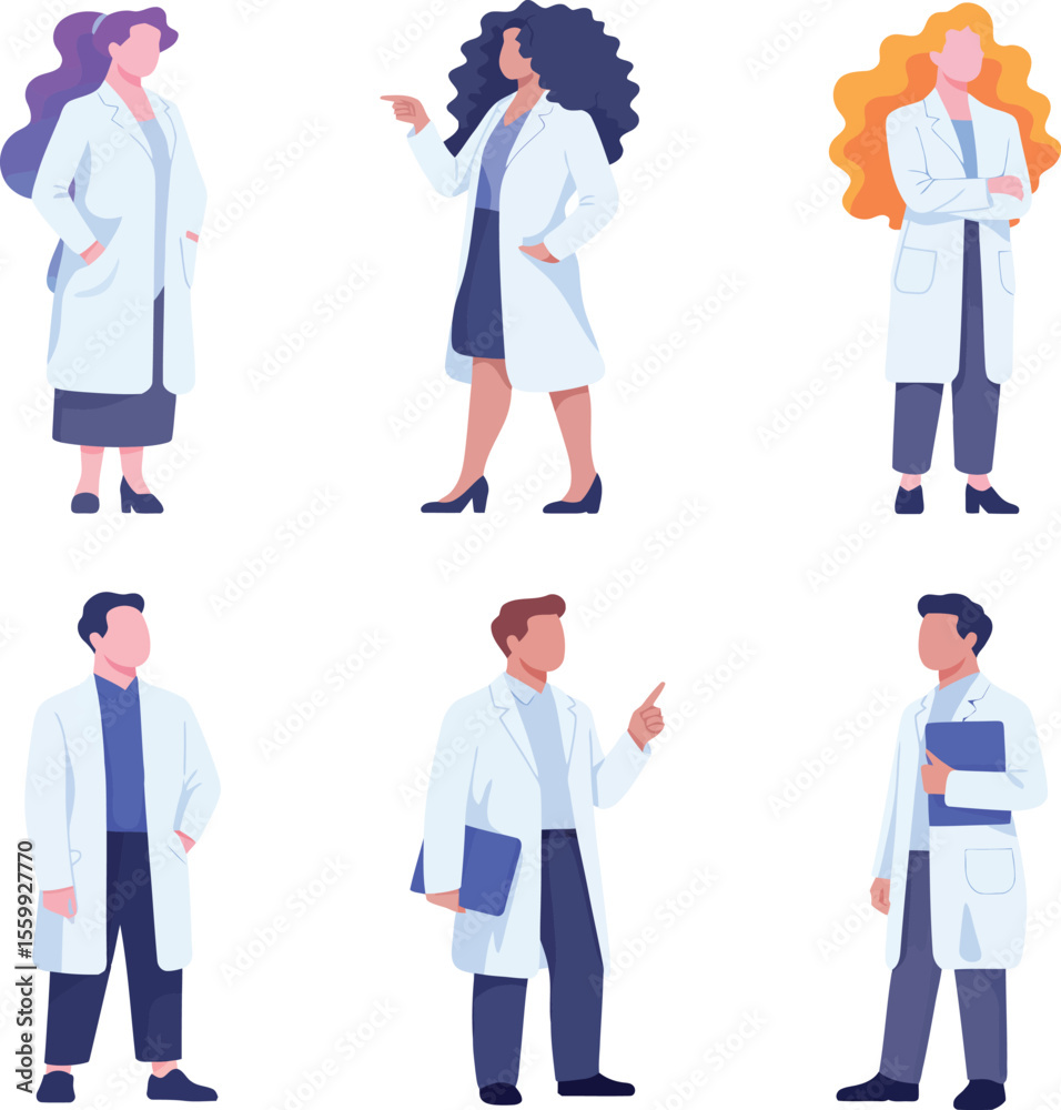 Illustration of six doctors in white coats with various hairstyles and skin tones on white background Illustration of six doctors in white coats with various hairstyles and skin tones on white background