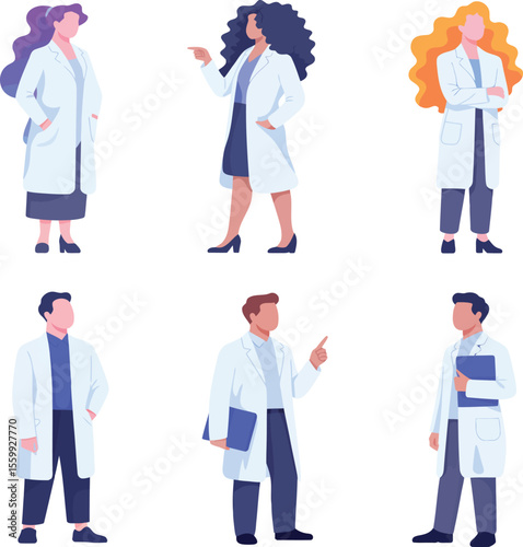 Illustration of six doctors in white coats with various hairstyles and skin tones on white background