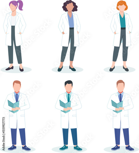 A group of six doctors standing in a white background wearing white coats and holding documents or hands