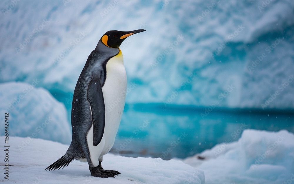 Fototapeta premium Majestic King Penguin Stands Proudly on Antarctic Ice with Glacial Backdrop