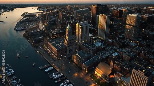 Aerial View of Boston Harbor at Dusk