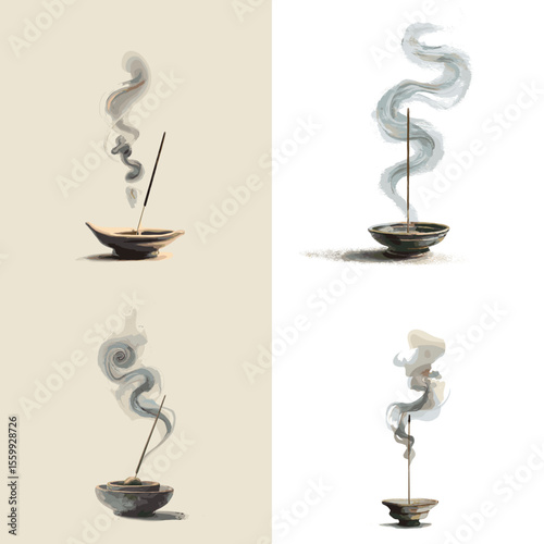 Serene watercolor incense illustrations with swirling aromatic smoke, symbolizing meditation, tranquility, and spiritual ambiance in minimal composition.

