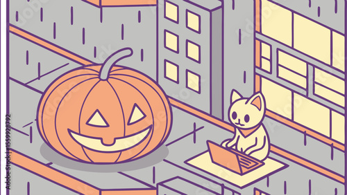 Spooky Jack O'Lantern pumpkin head illustration, a cartoon Halloween symbol for autumn and fall harvest celebrations