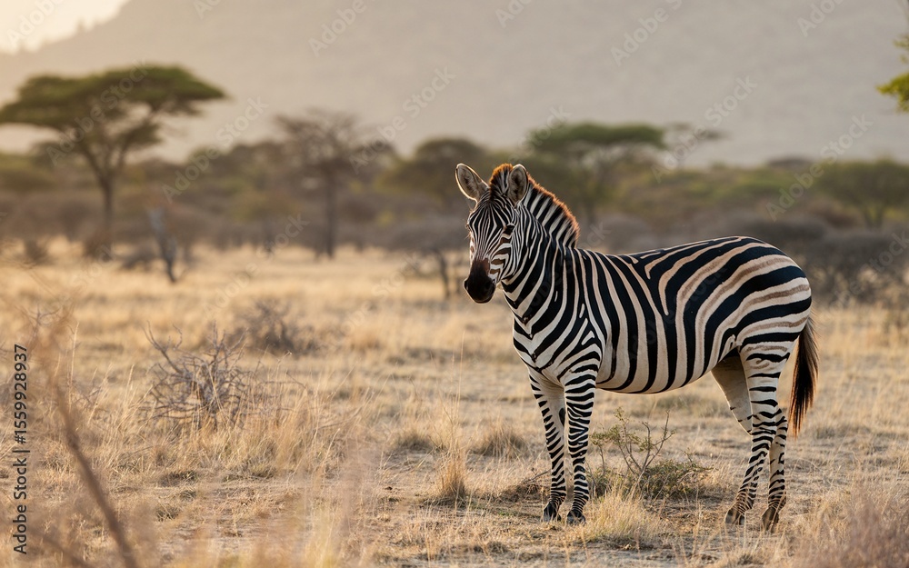 Fototapeta premium Striking Zebra Stands Proudly in African Savanna, Bathed in Golden Light