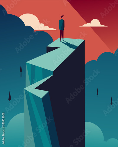 A figure stands at the edge of a cliff with a massive wall of fear and anxiety looming behind them preventing any movement forward.. Vector illustration