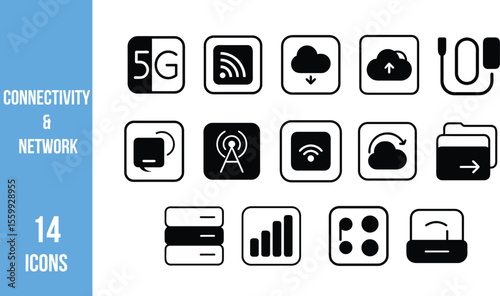 Collection of 14 black and white connectivity icons including 5G, Wi-Fi, cloud sync, signal bars, data transfer, and server symbols.
