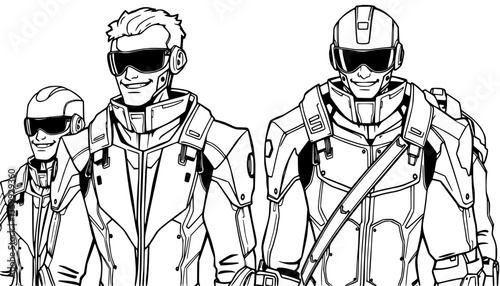 Futuristic Robotic Team  of Three Armored Figures