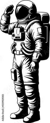 Black and white vector illustration astronaut standing and giving a formal salute