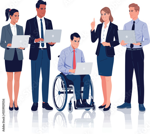 Diverse business team with laptops including a person in a wheelchair working together in an office space