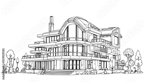 Architectural Sketch Modern Mansion Design, Luxury Home Blueprint