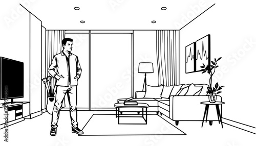 Modern Living Room Interior Design Man Standing in Stylish Apartment