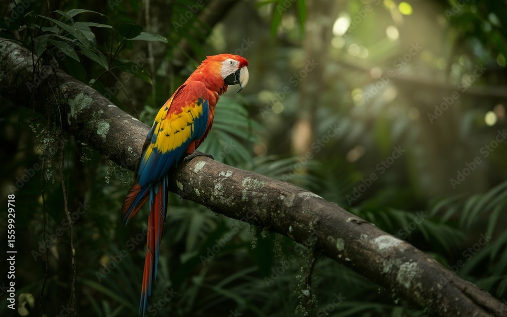 Obraz premium Scarlet Macaw Perched on a Mossy Branch in Lush, Sunlit Rainforest Habitat