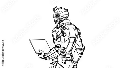 Wallpaper Mural Futuristic Robot Illustration Cyborg with Laptop, Heroic View Torontodigital.ca