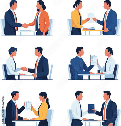 Six illustrations showing business interactions between men and women at a table on a white background