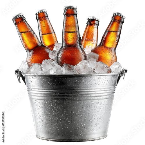 Metal Ice Bucket Filled with Cold Beer Bottles