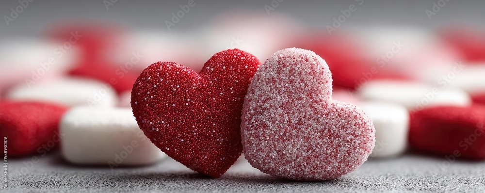 Obraz premium Cardio risk of sugar intake and plaque formation concept. Colorful heart-shaped candies symbolizing love and affection.