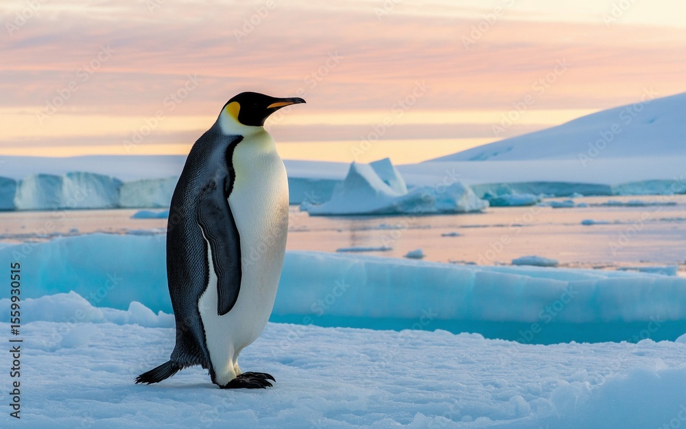 Fototapeta premium Majestic Emperor Penguin at Antarctic Sunset