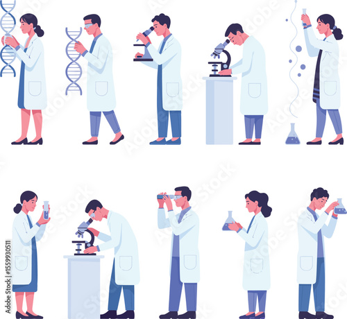 Scientists in lab coats performing experiments with dna models and microscopes in a research setting